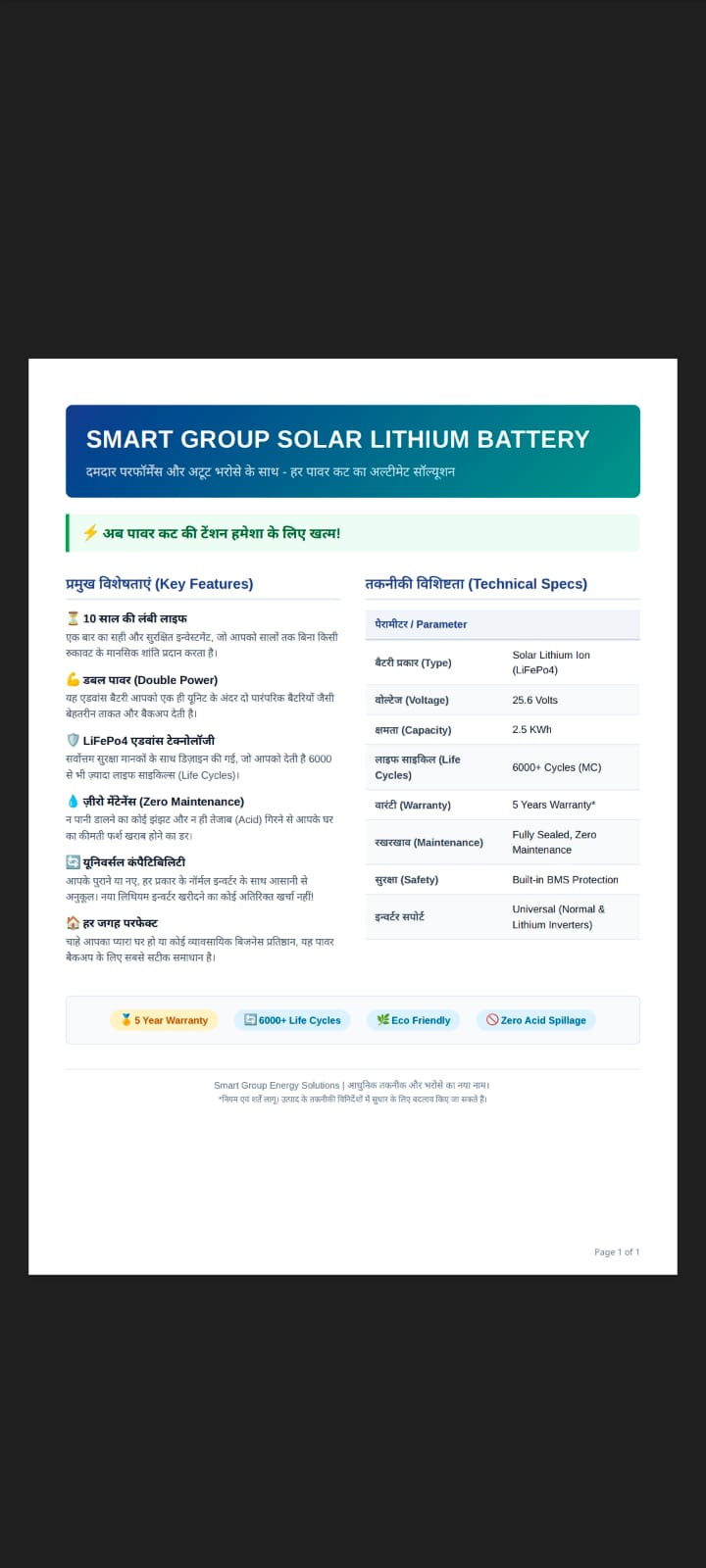 Smart Group Solar Lithium Battery technical report